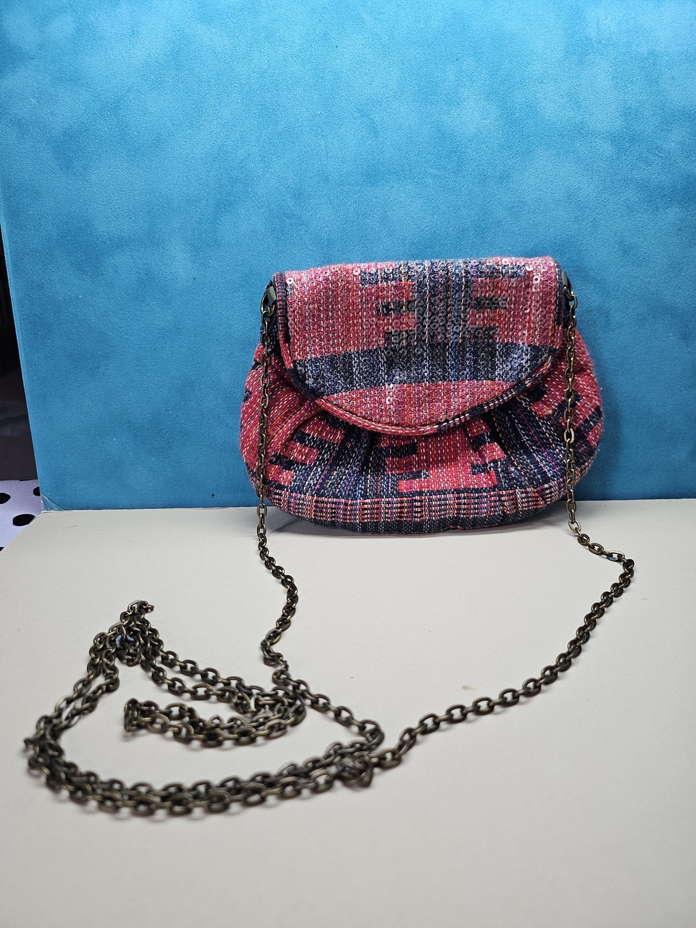 Mossimo Supply Co. Woven Red and Navy Crossbody Bag with Chain Strap